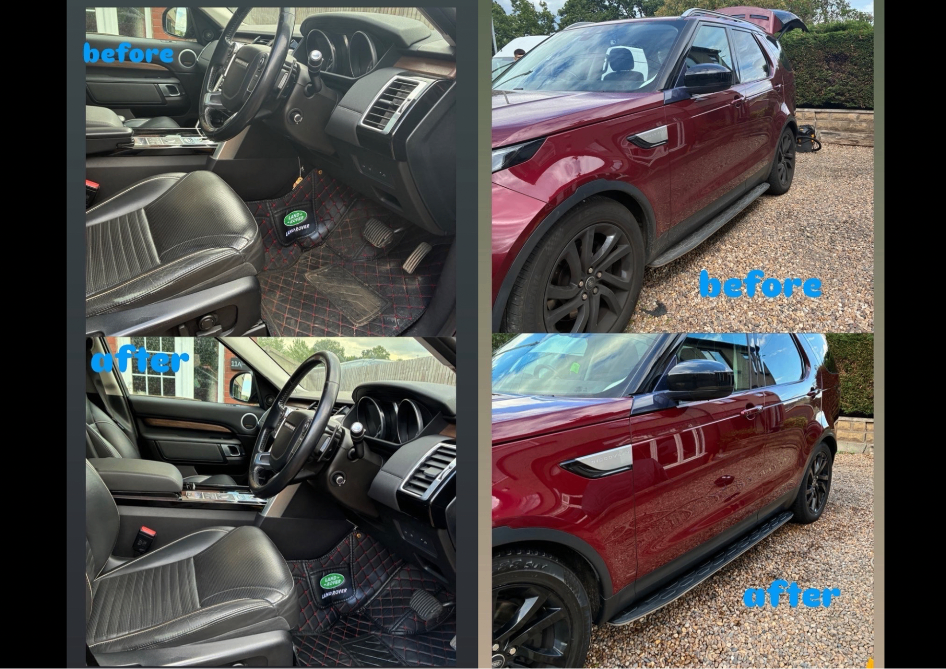 Before and after interior and exterior detail of a Land Rover Discovery showing deep clean and gloss restoration