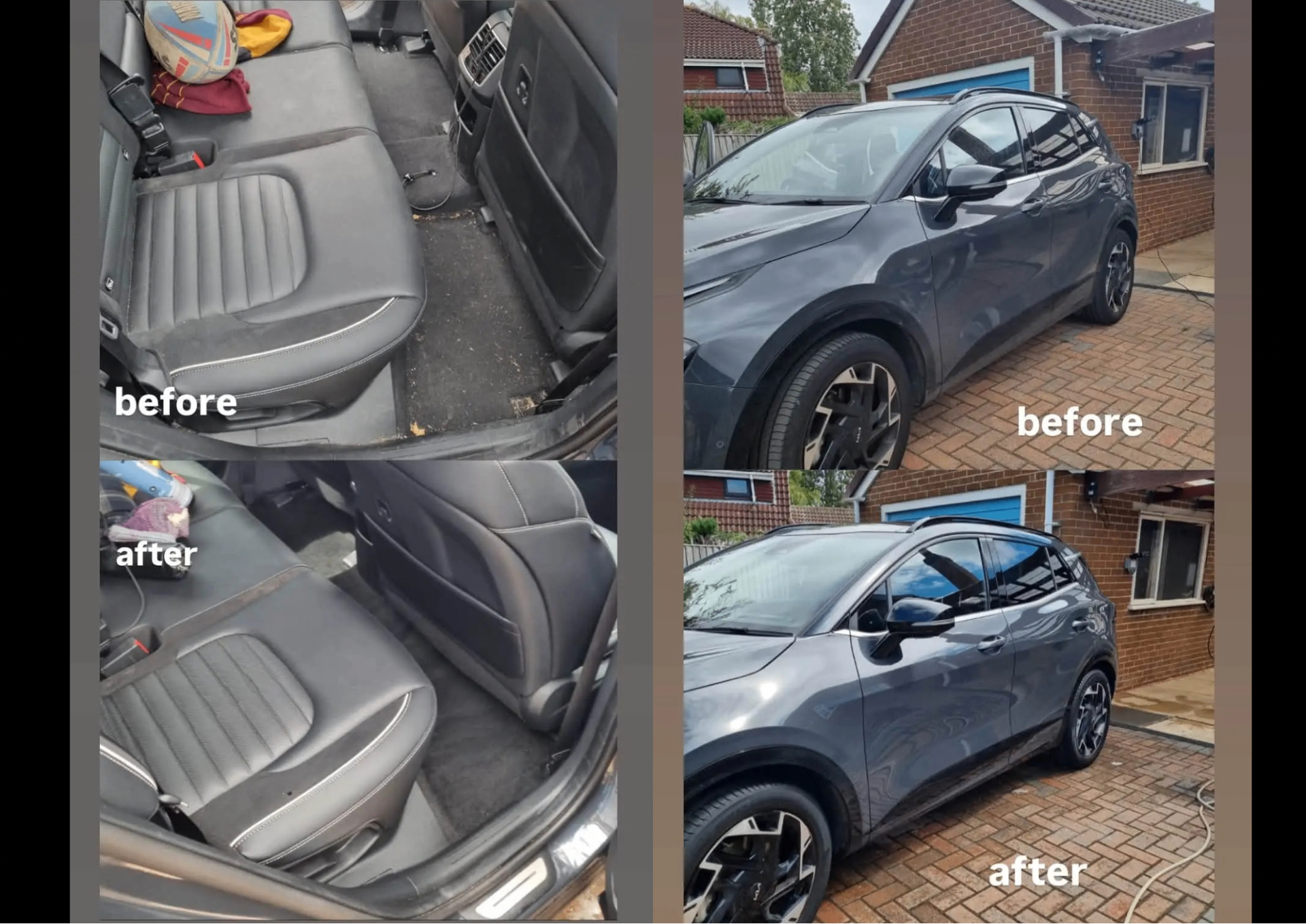 Before and after detail of a grey Vauxhall Mokka showing interior deep clean and exterior gloss restoration