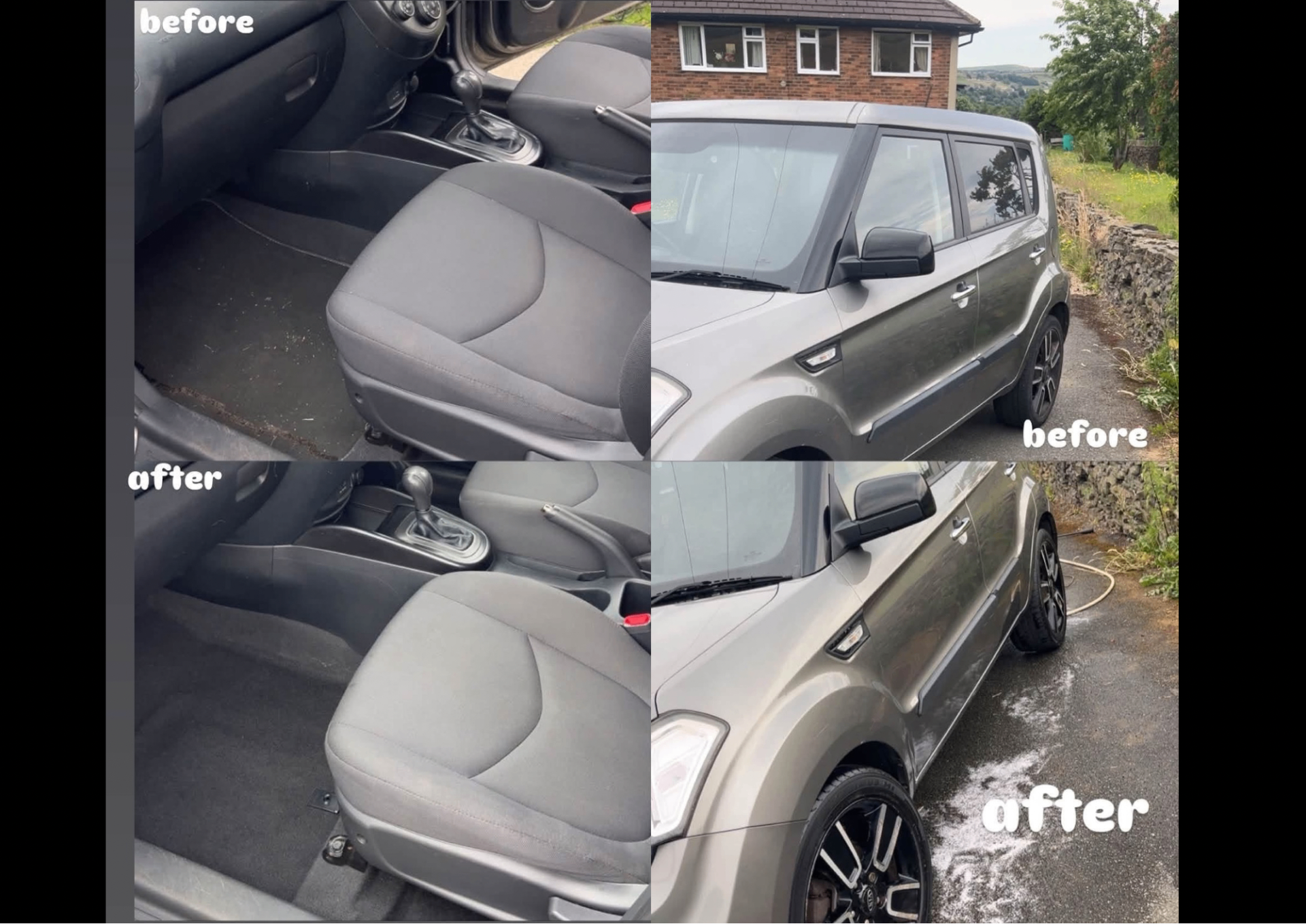 Before and after detail of a grey Kia Soul showing interior deep clean and exterior wash
