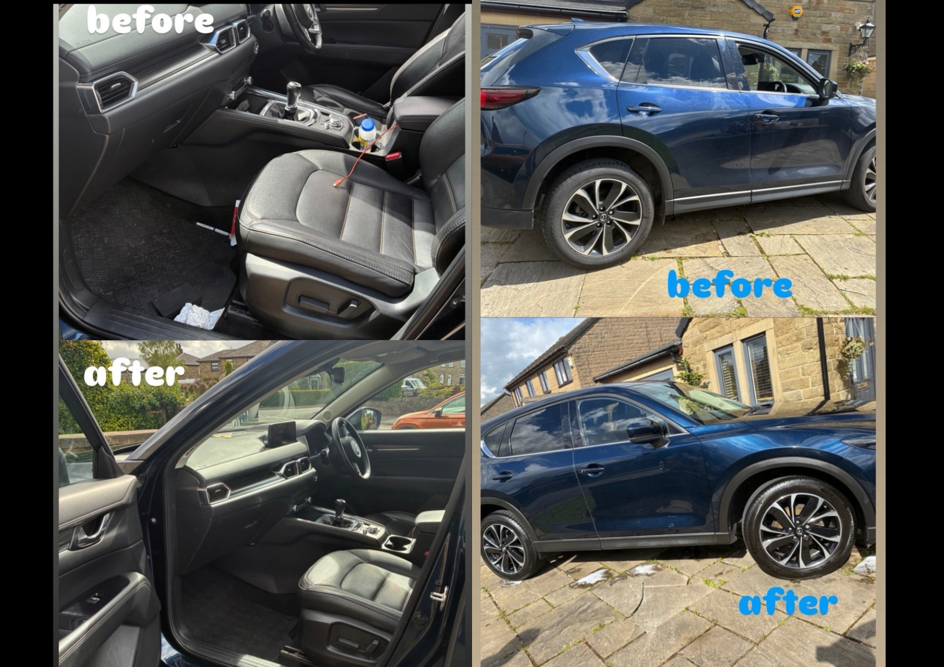 Before and after detail of a blue Mazda CX-5 showing restored exterior gloss and deep-cleaned interior