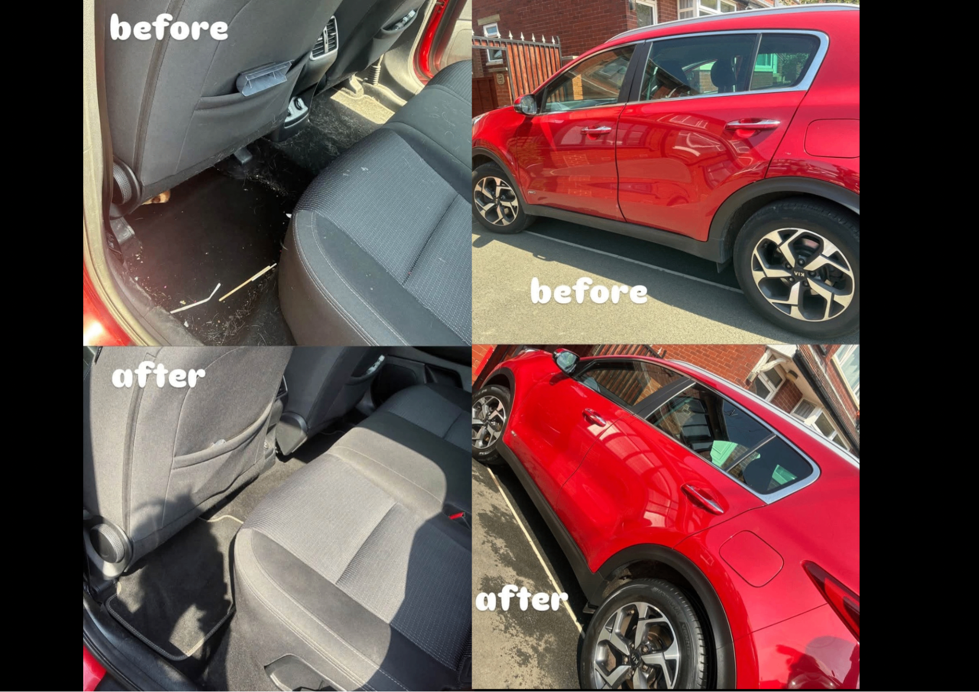 Before and after detail of a red Kia Sportage showing interior deep clean and exterior gloss
