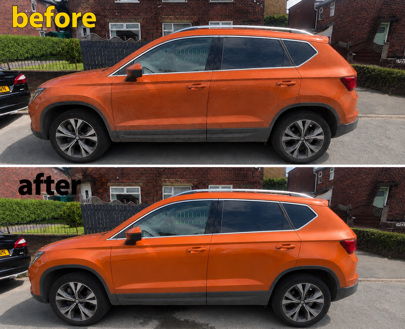 Before and after detail of an orange SUV showing restored gloss and clean paintwork