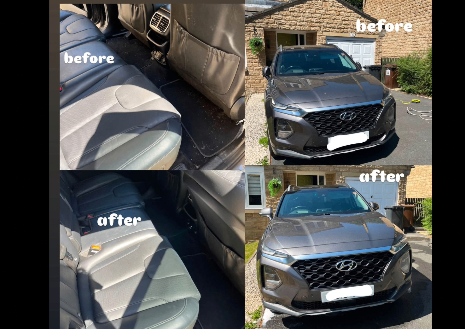 Before and after detail of a grey Hyundai Santa Fe showing leather seat clean and exterior gloss restoration