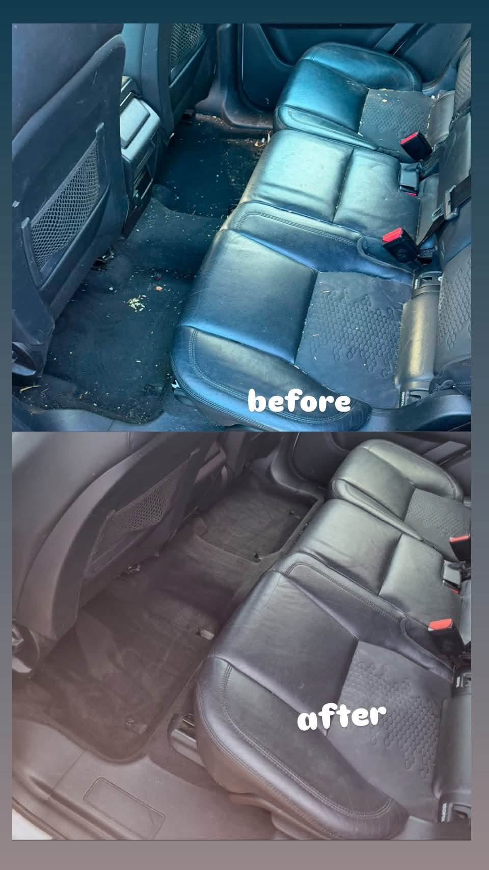 Before and after interior detail showing rear leather seats and footwells deep cleaned