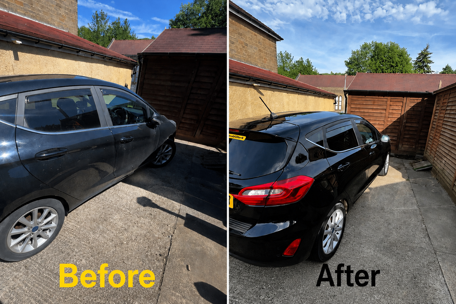 Before and after exterior detail of a black Ford Fiesta showing deep gloss finish