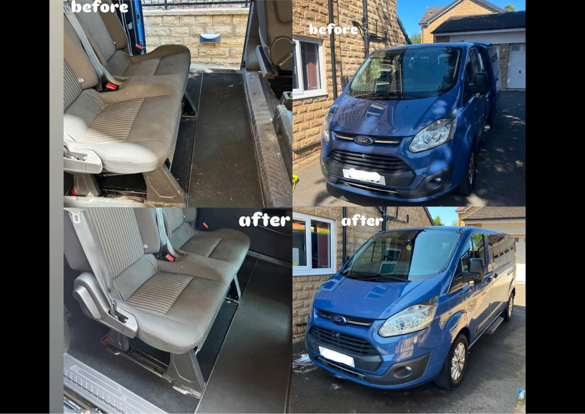 Before and after detail of a blue Ford Transit Custom showing seat deep clean and exterior wash