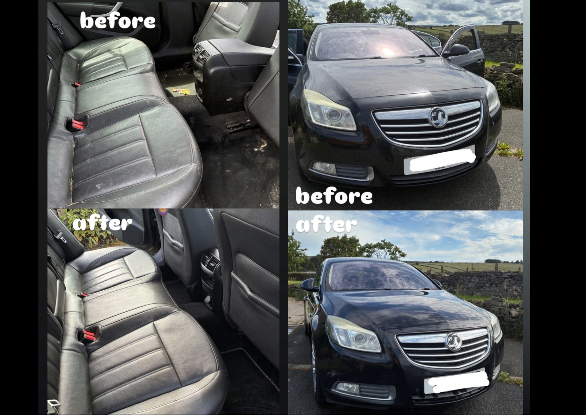 Before and after detail of a black Vauxhall Insignia showing interior leather restoration and exterior gloss