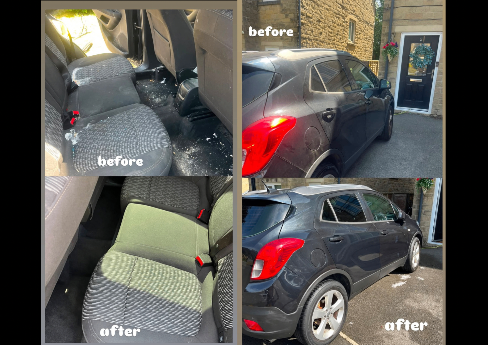 Before and after detail of a black Vauxhall Mokka showing interior rear seat deep clean and exterior gloss restoration