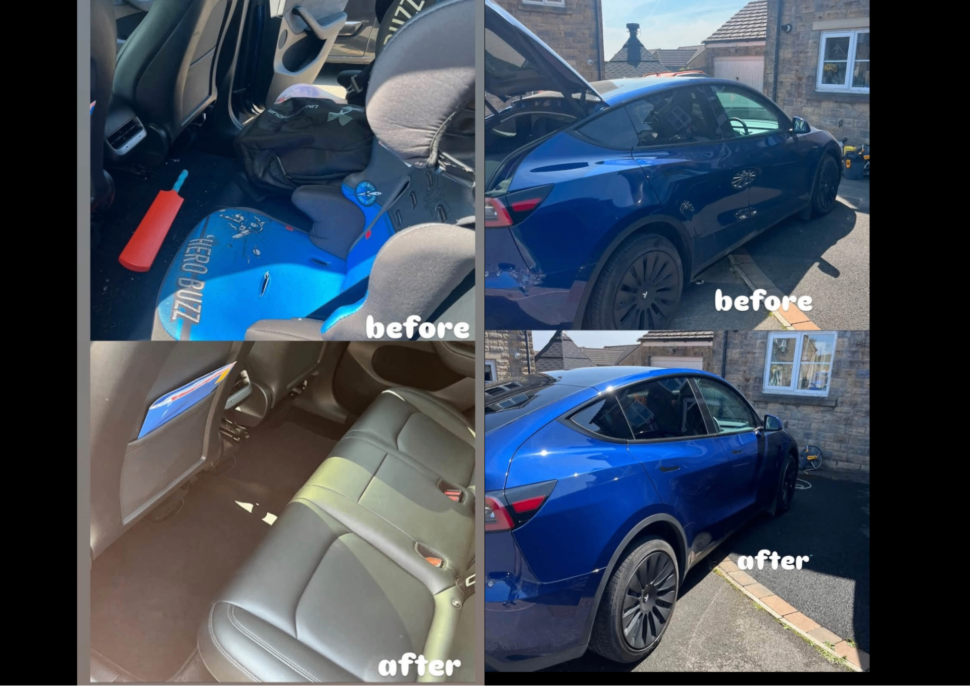 Before and after detail of a blue Tesla Model Y showing interior deep clean and exterior gloss restoration