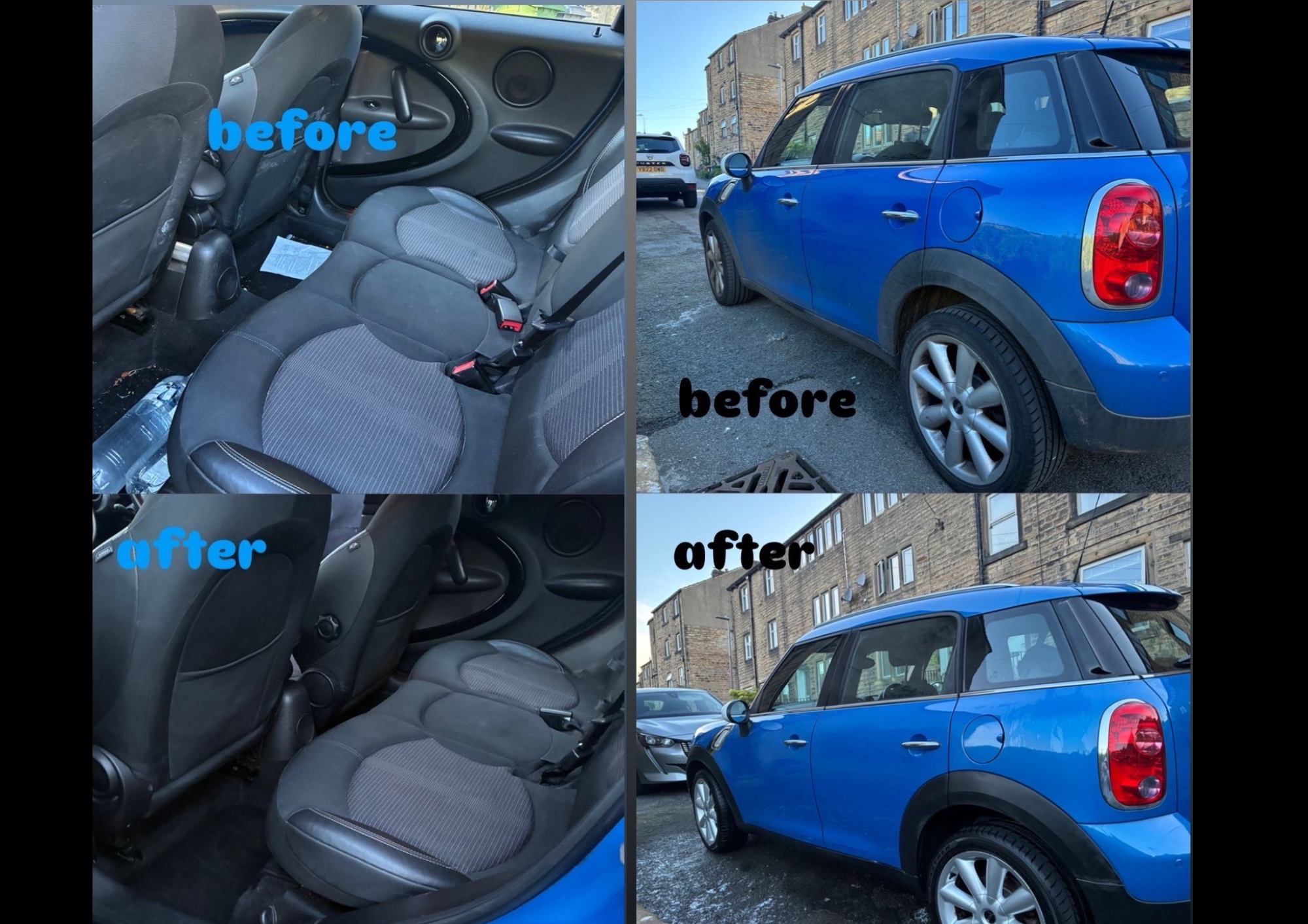 Before and after detail of a blue Mini Cooper Countryman showing interior deep clean and exterior gloss restoration