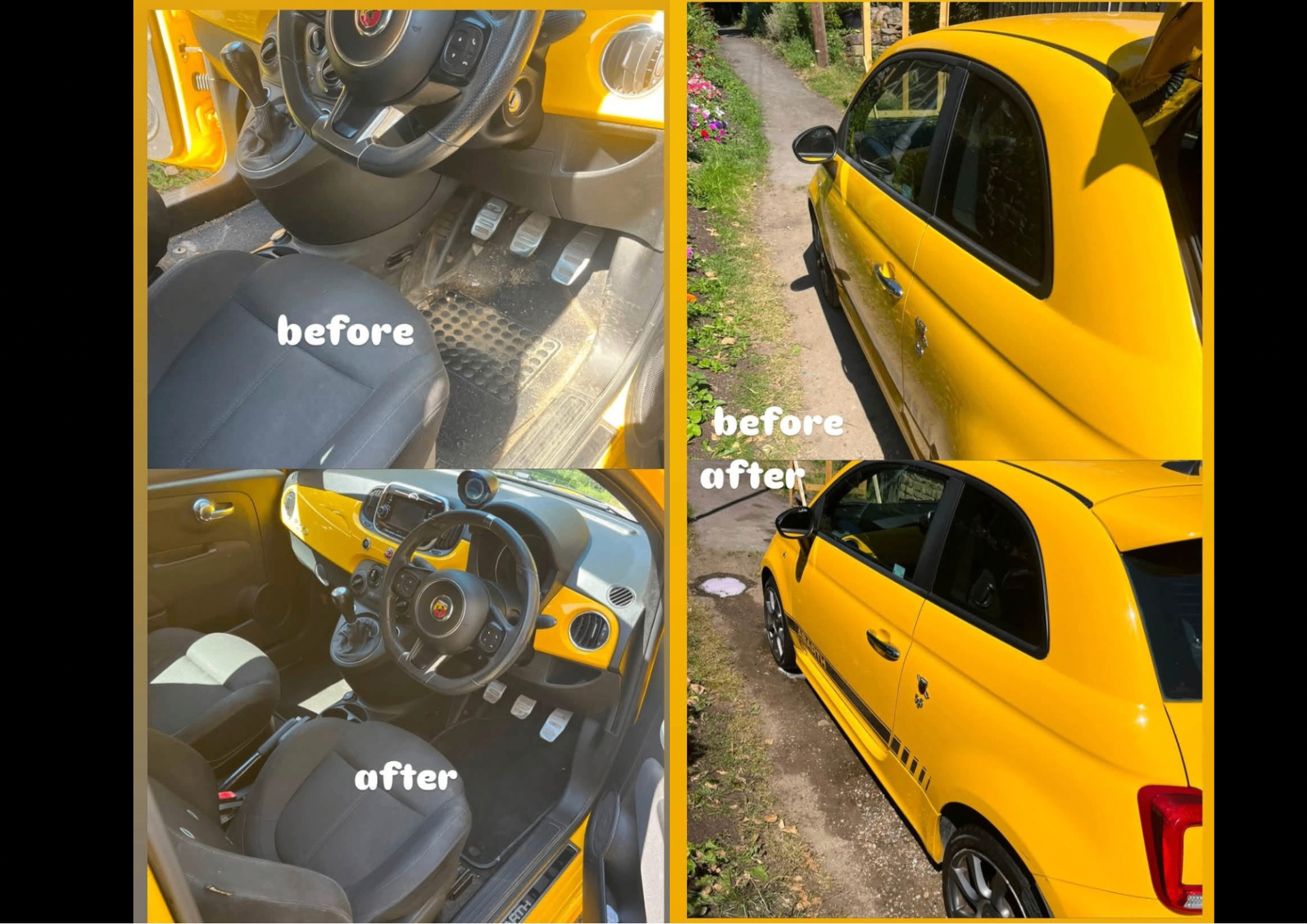 Before and after detail of a yellow Abarth 500 showing interior deep clean and exterior gloss restoration