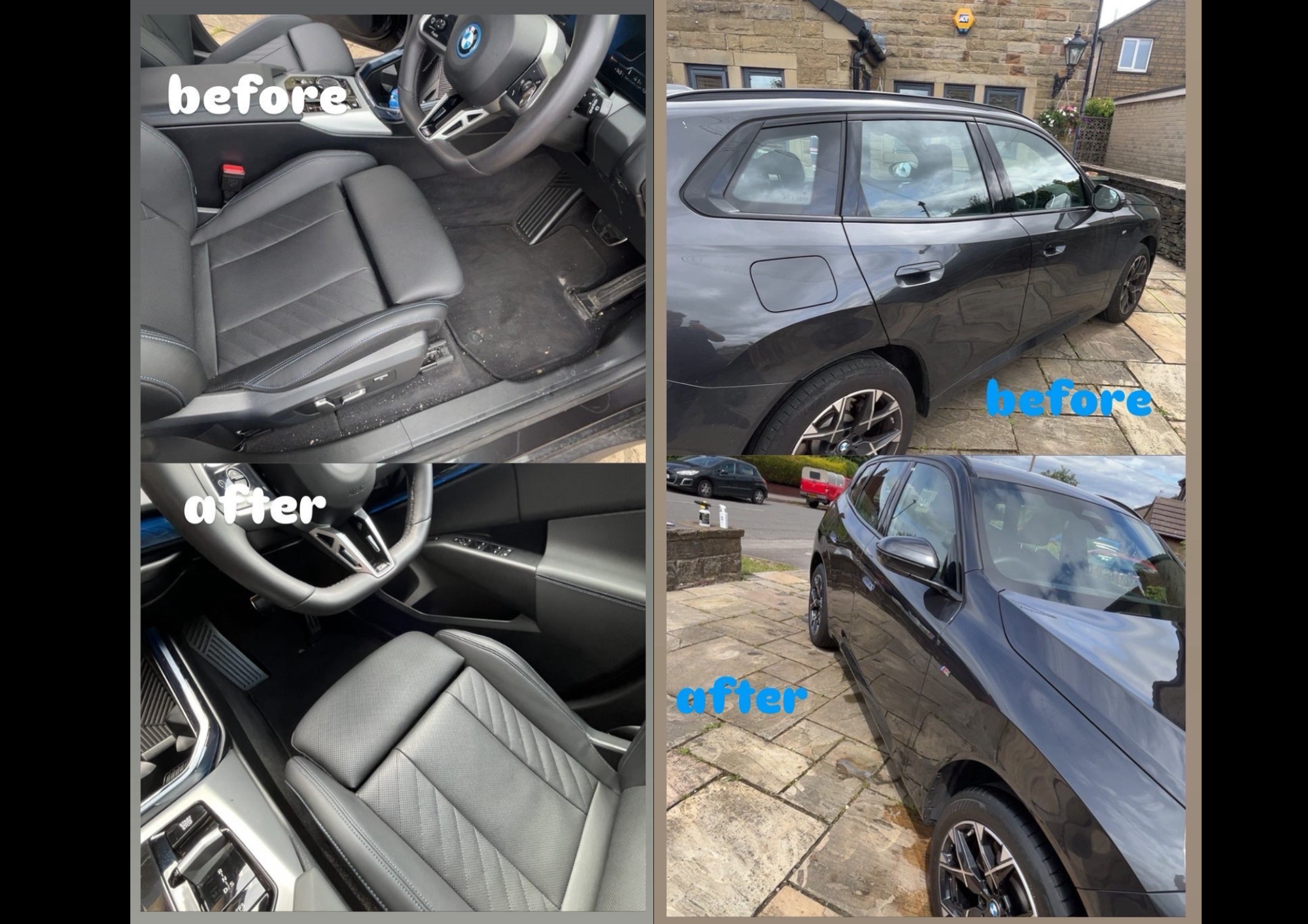 Before and after detailing of a BMW, showing interior deep clean and exterior gloss restoration