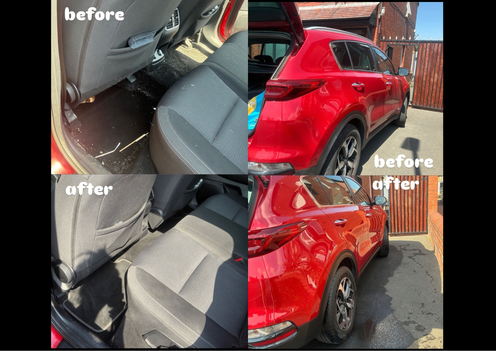 Before and after detail of a red Kia Sportage showing interior deep clean and exterior gloss restoration