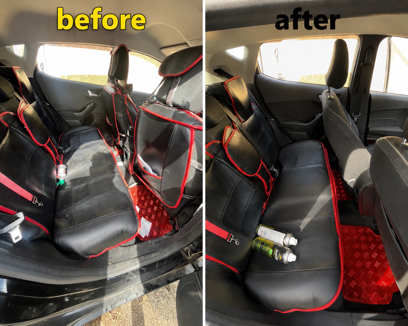 Before and after interior detail showing cleaned rear seats and footwells