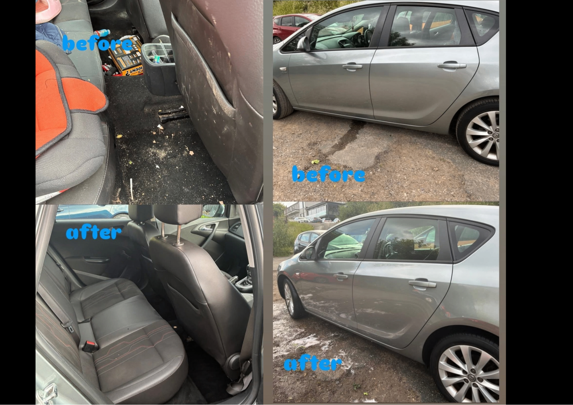 Before and after detail of a grey Vauxhall Astra showing interior deep clean and exterior wash