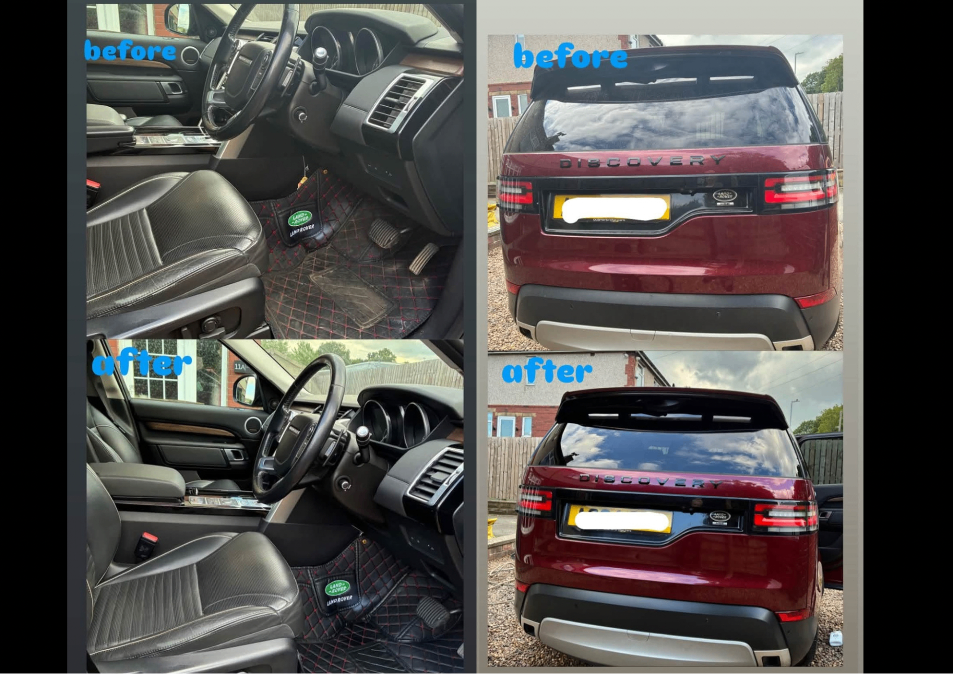 Before and after detail of a burgundy Land Rover Discovery showing interior deep clean and exterior gloss restoration